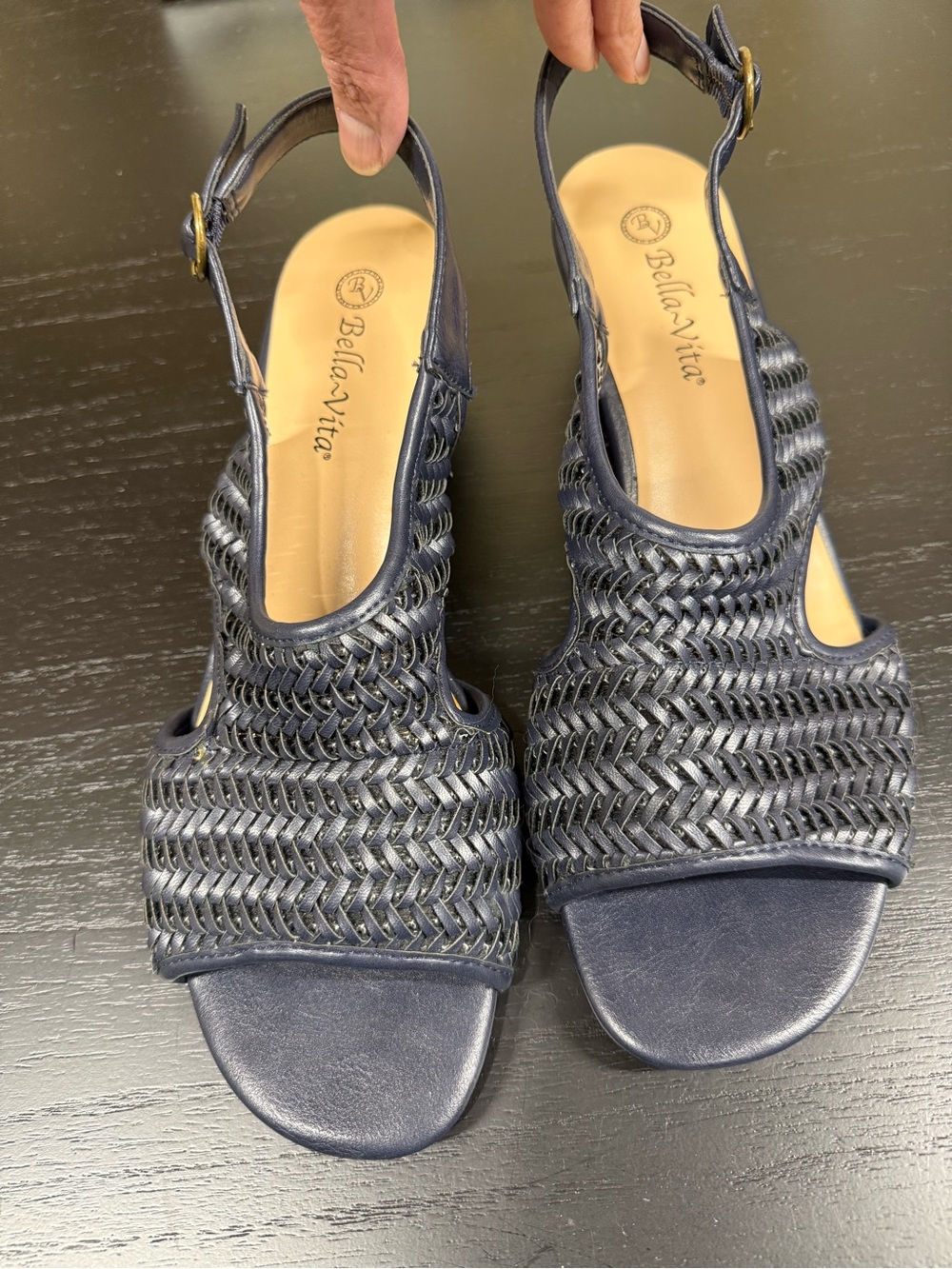 Bella Vita Navy Woven Leather-Look Slingback Sandals